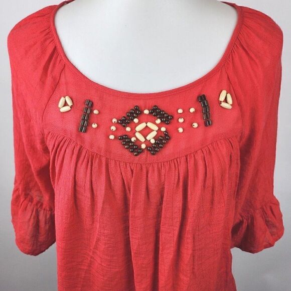ZAC & RACHEL Red Beaded 3/4 Bell Sleeve Blouse Peasant Swing Top Womens Sz M $48 - Picture 2 of 7